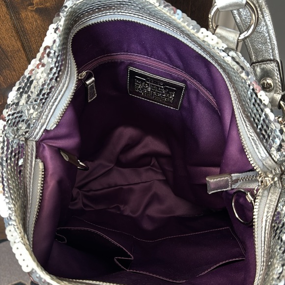 NWT Coach poppy sequins spotlight tote silver leather multi straps 11”x14”x4” - Picture 6 of 11